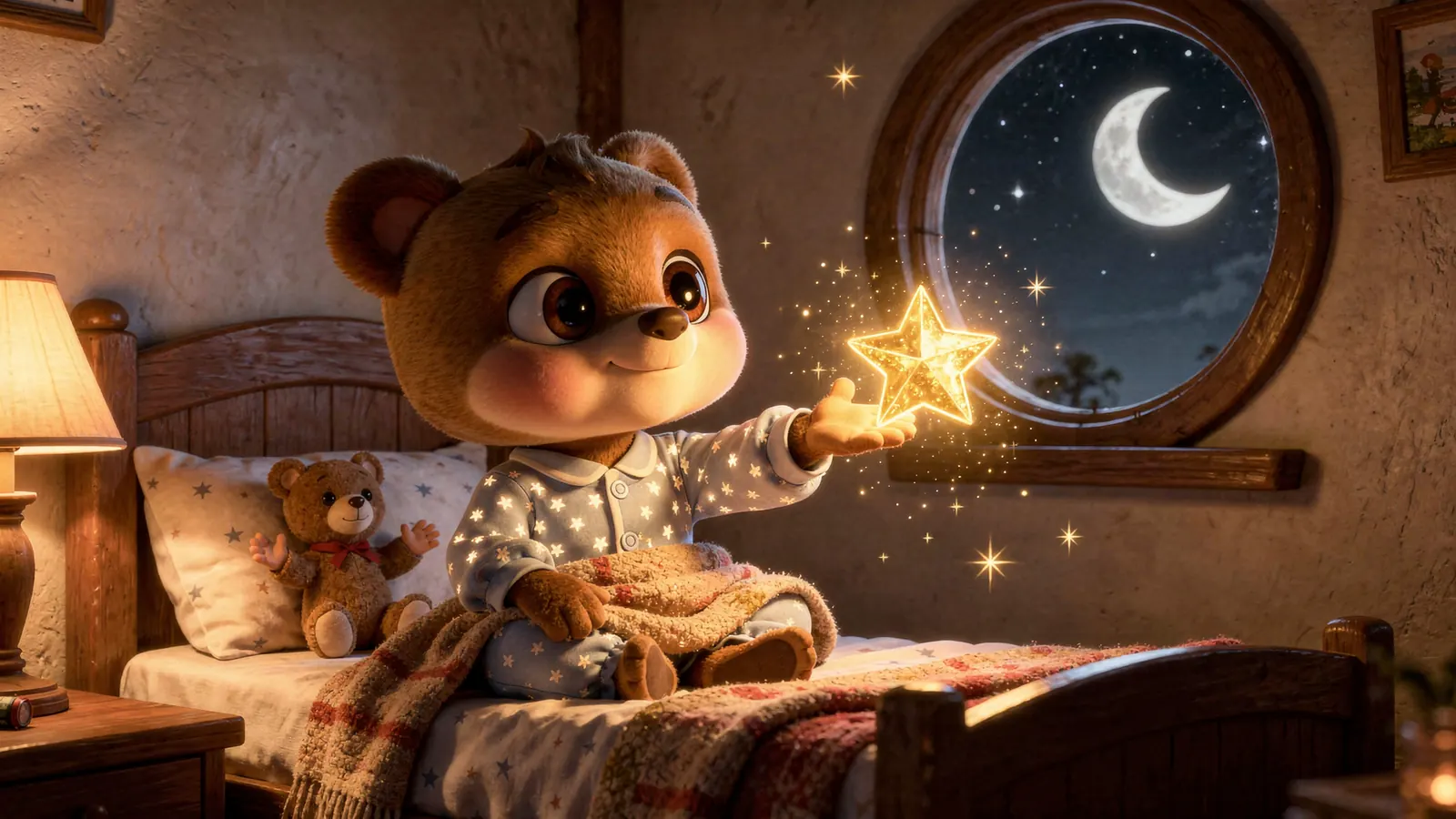 Jobo the bear cub in star pajamas holding a glowing golden star in his bedroom at night